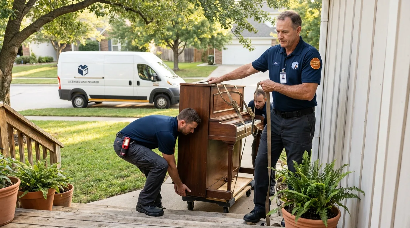 Licensed piano movers securing grand piano in Longmont, CO