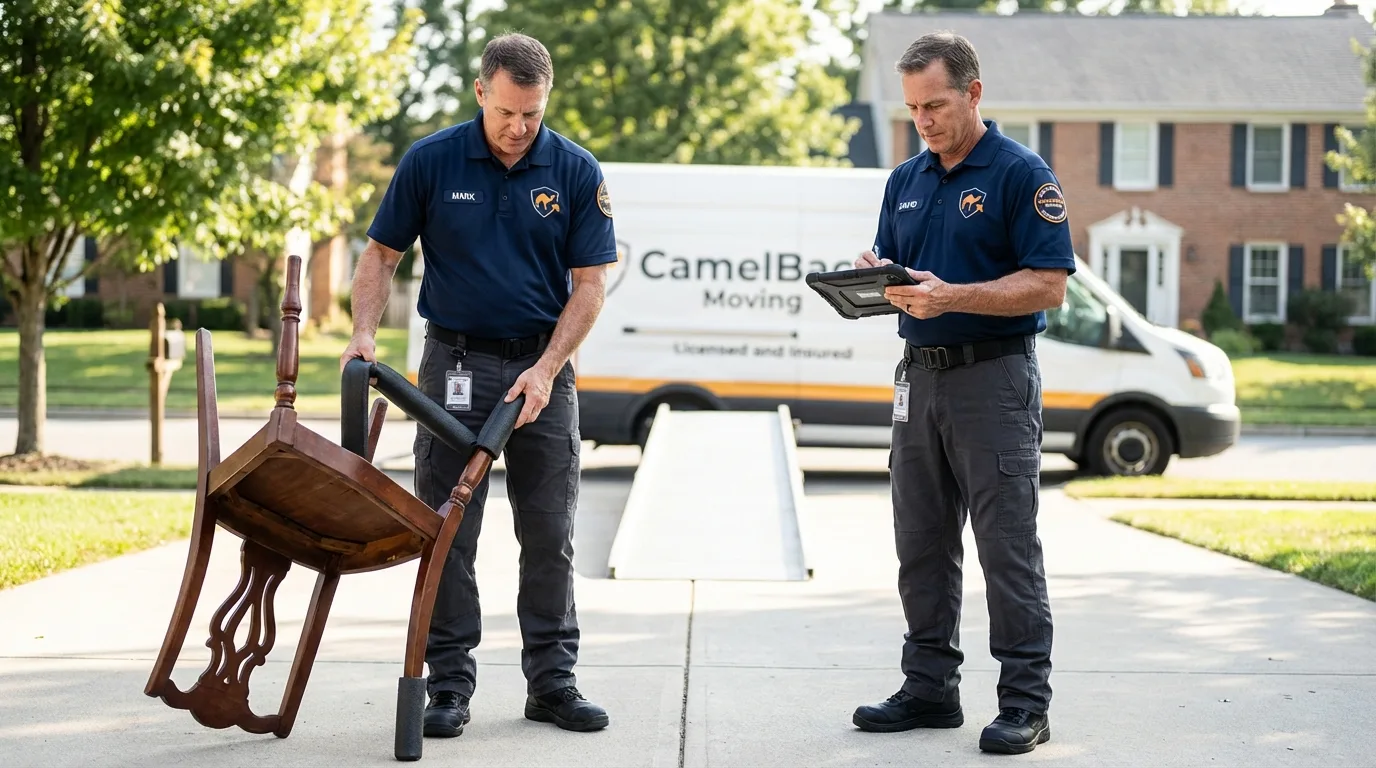 Movers inspecting furniture for damage prevention before loading in Longmont, CO